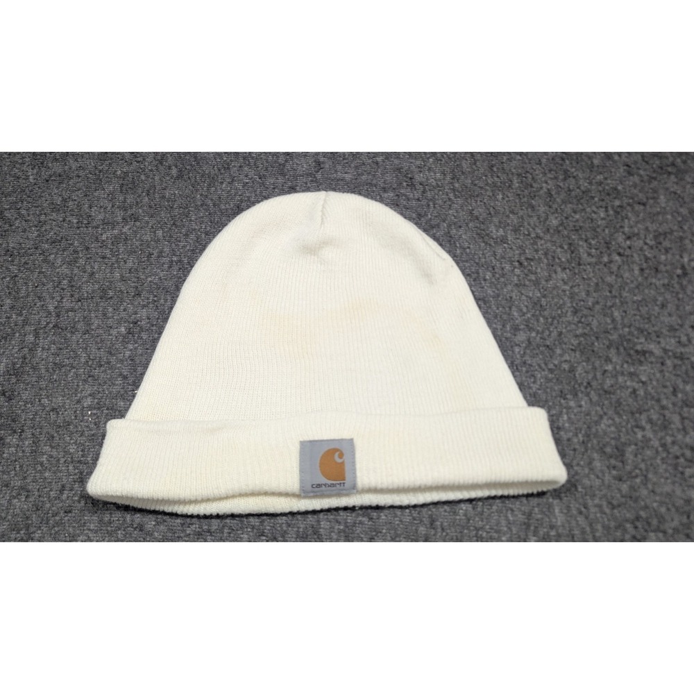 Carhartt Hat Cap Beanie Unisex‎ Ivory Ribbed Knit Logo Cuffed Workwear Hiking